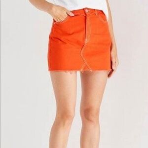 Topshop | Cotton Denim Raw Hem Mini Skirt Bright Red Orange Size 8